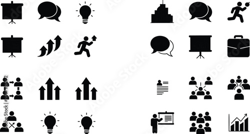 Foto Business growth and team training solid glyph icons set with presentation board