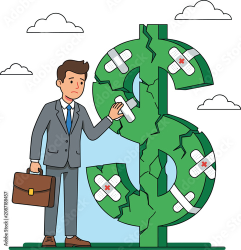 Sad Businessman Fixing Cracked Dollar Sign with Bandages for Financial Crisis, Inflation Loss, Economic Recovery, and Business Bankruptcy Vector Concept