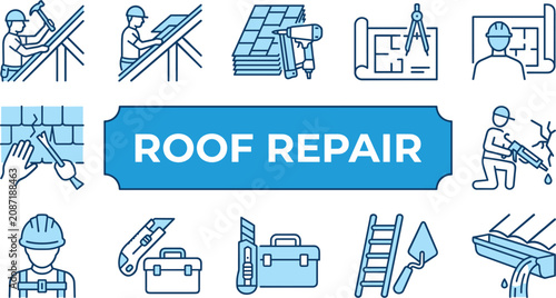 Roof Repair and Construction Vector Icon Set with Roofing Workers, Shingles, Gutter Maintenance, Blueprints, Safety Harness, and Renovation Tools for House Service