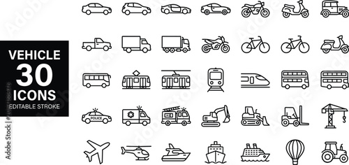 Vehicle Line Icon Set Featuring Thirty Transportation Symbols Including Car Truck Train Bus Airplane Ship and Construction Machinery with Editable Stroke