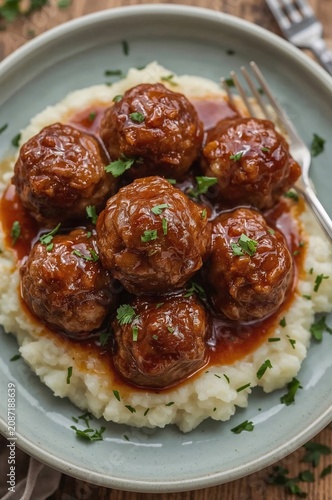 Dinner Plate With Meatballs and Mashed Potatoes Served With Sauce