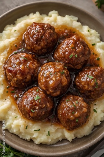 Dinner Plate With Meatballs and Mashed Potatoes Served With Sauce