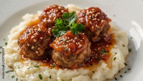 Delicious Meatballs Served on a Bed of Mashed Potatoes With Sauce and Garnish