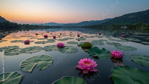 Sunset Over a Lake With Lotus Flowers and Mountains in the Background