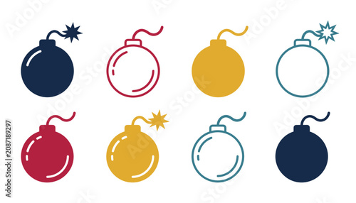 Foto Classic round bomb and burning fuse vector icon set