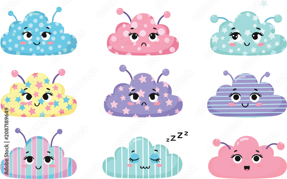 Fototapeta premium Cartoon clouds with cute faces and colorful patterns in whimsical 3x3 grid illustration for children’s design projects