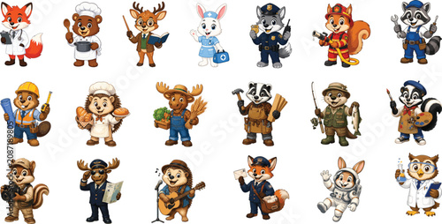 Cute Cartoon Animal Character Vector Set with Cat Dog Bear Rabbit Tiger Lion Pig Elephant Mouse and Boy in Different Fun Situations Seamless Pattern Illustration for Kids and Pets