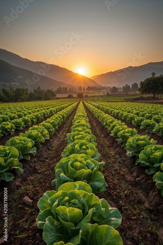 Sunrise Over Lettuce Fields in a Mountainous Region With Clear Skies