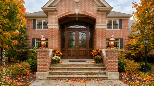 Traditional brick house entrance with wooden doors during autumn season entrance architecture
