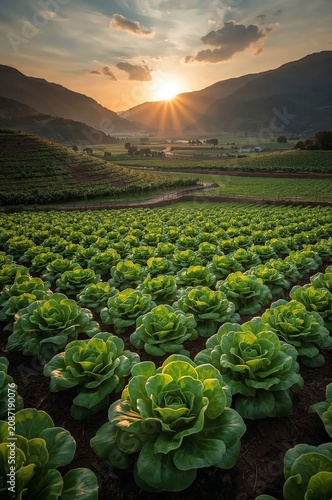 Cabbage Field at Sunset With Mountains in Background and Sky Filled With Clouds