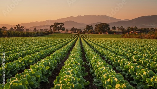 Lettuce Rows Grow in a Field During Sunset With Mountains in the Background