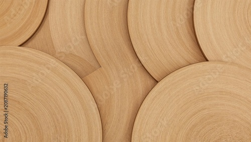 Wooden Circles Arranged on a Flat Surface Showing Different Sizes and Natural...