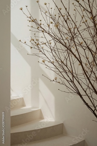 Stairs and Branches in a Bright Space With Soft Light in the Afternoon