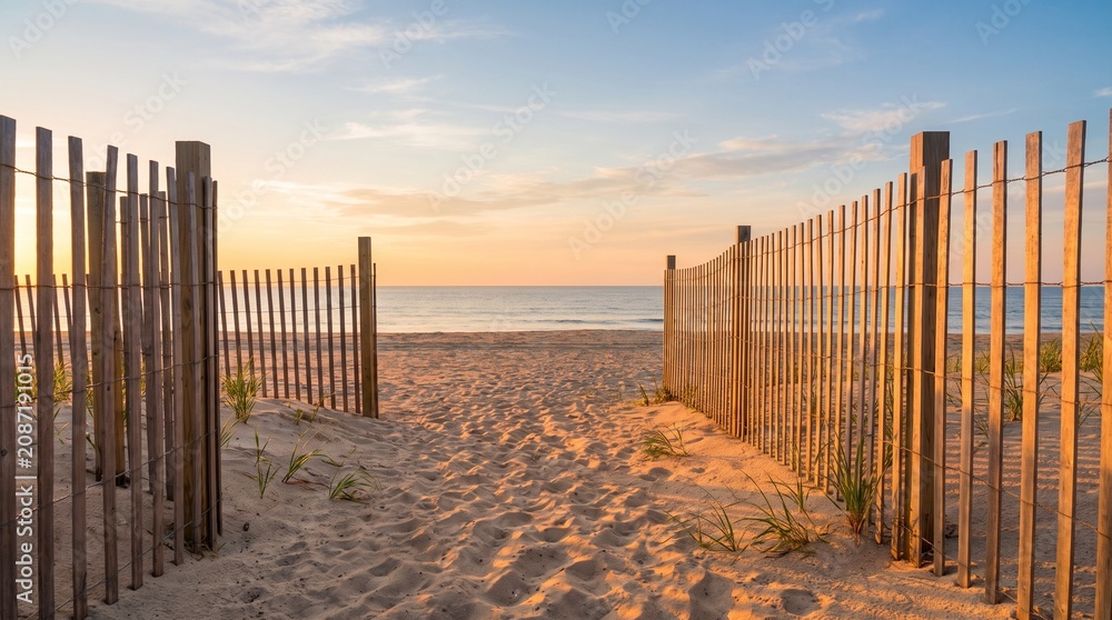 Obraz premium Wooden fence path leading to a calm sandy beach at sunset with warm golden hour light with captures wooden slat