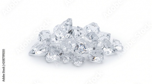 Crystalline crushed ice cubes on white background, heap of transparent frozen water fragments, clear acrylic decorative stones for product photography