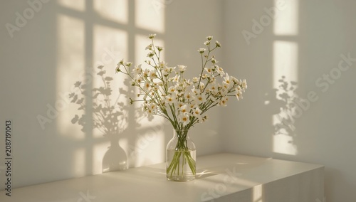 Bouquet of White Flowers in a Glass Vase on a Windowsill in Warm Sunlight