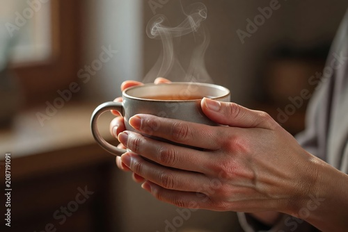 Woman holding steaming cup of tea. Concept of wellness and self-care for women experiencing hormonal balance or autoimmune condition. Relaxing morning routine for chronic fatigue relief.
