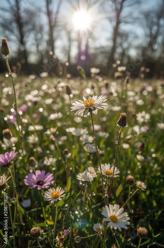 Flowers Bloom in a Field During Daylight With Sunlight Shining Through Trees ...