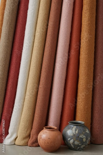 Different Colors of Fabric Hang in a Row With Clay Pots on a Surface Below
