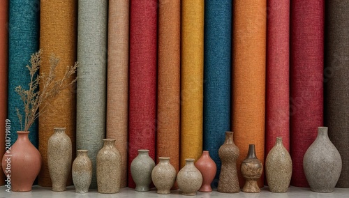 Colorful Textiles and Ceramic Pots Arranged Neatly in a Display at a Market o...