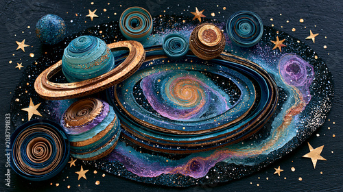 Photos Whimsical handmade cardboard galaxy with layered planets, stars and nebulae crea
