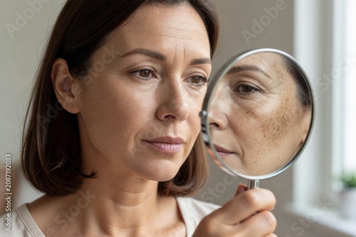 Woman looking at her face in mirror observing skin pigmentation and aging signs. Mature lady concerned about hyperpigmentation and hormonal skin changes. Skincare and health concept.