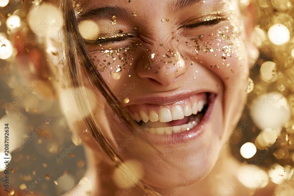 Fototapeta premium Joyful woman with golden glitter and sparkling bokeh lights