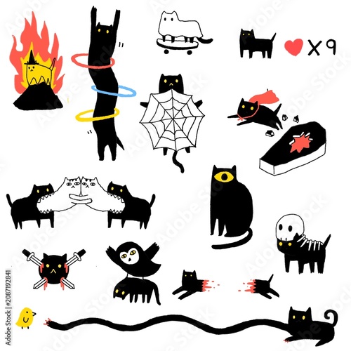 Obraz na plátně Quirky and spooky black cats with magical, gothic, and Halloween themes doodles