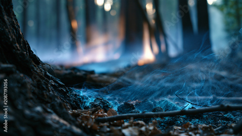 Tableau sur toile Blue ash drifts at dawn over a burned forest, smoky haze and cinematic wildfire