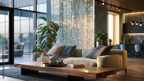 Canvas Print Luxury minimalist interior with shimmering crystal partition wall dividing the s