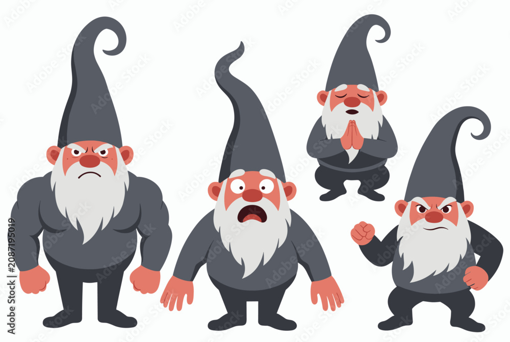 Obraz premium Set of four garden gnomes with different expressions including angry shocked and peaceful cartoon character.