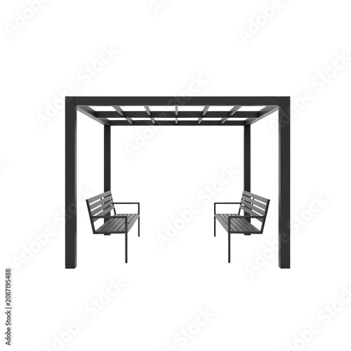 Modern dark stained industrial metal pergola with sleek benches and overhead crossbeam framework in a bright studio setting, architectural minimalist atmosphere