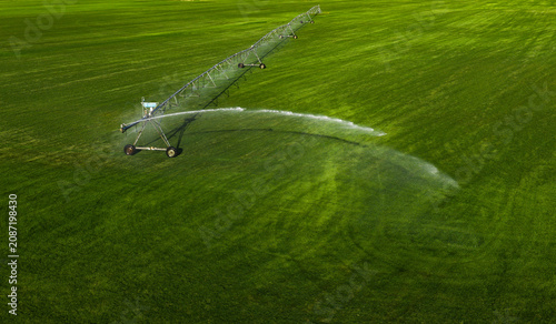 Foto Sprinkler system waters cultivated field