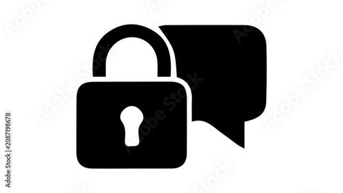 Secure communication, locked padlock, chat bubble icon, privacy symbol, black vector graphics