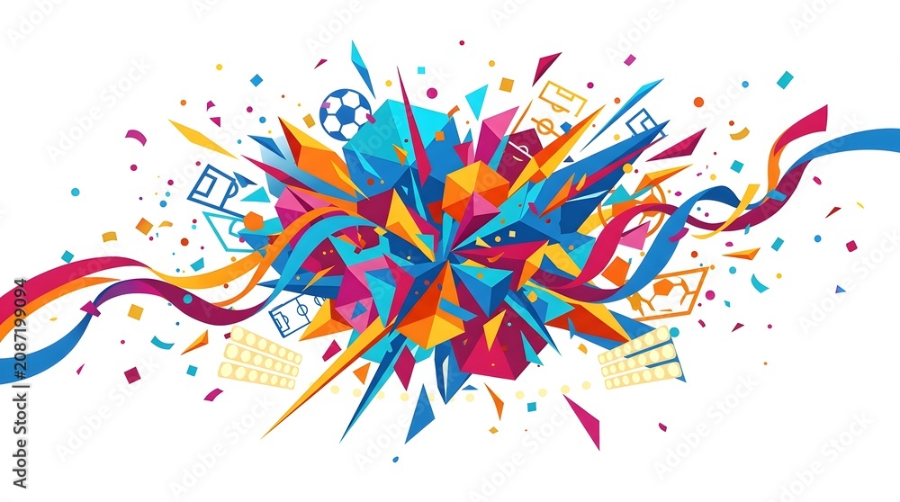 Obraz premium Colorful abstract soccer background with geometric shapes and football elements