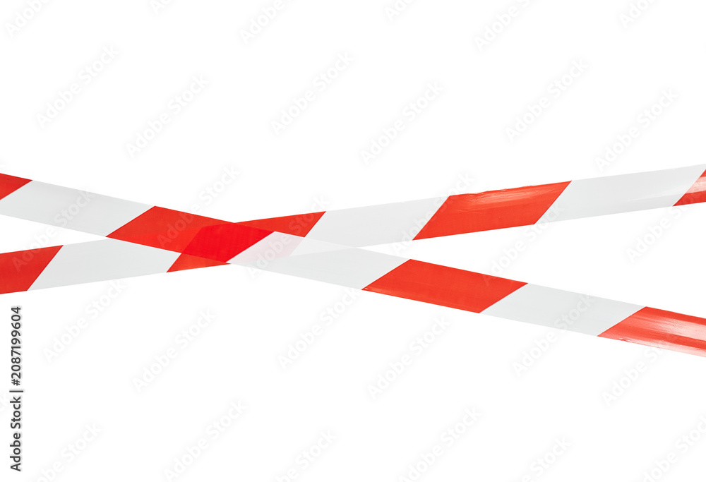 Fototapeta premium Red and White Warning Barrier Tape Isolated PNG on Transparent Background, Hazard Safety Tape