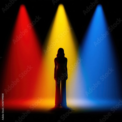 A woman silhouette stands in the center of three distinct colored spotlights on a dark stage