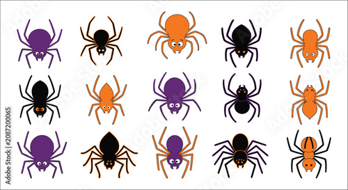 Canvastavla Colorful Spiders Collection Flat Vector Illustration On White Background spider