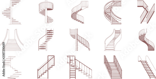 Staircase, stairway, steps, vector icons, 16 designs, architectural elements, brown, illustration set