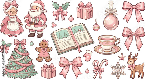 Fotografie Pink Christmas Vector Icon Set with Cute Santa Claus Mrs Claus Gingerbread Man R