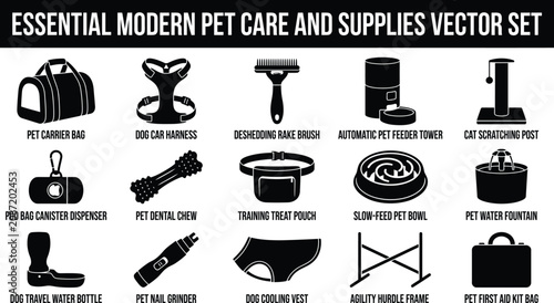 Essential modern pet care and supplies vector set including pet carrier bag dog car harness deshedding rake brush automatic pet feeder