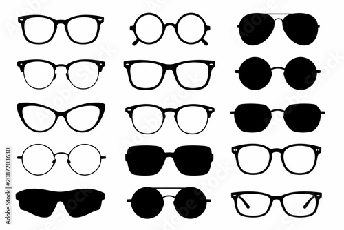 Fotografie Various Glasses and Sunglasses Silhouette Set Isolated on White Background Vecto