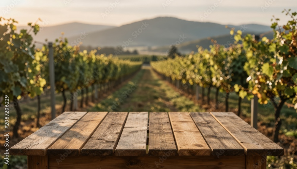 Obraz premium Sunset over vineyard with empty wooden table