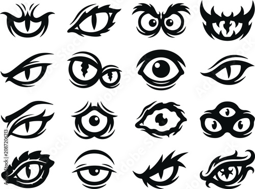 Collection of black and white tribal style eye graphics