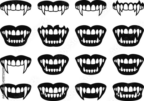 Variety of black silhouette vampire fangs and mouths vector set