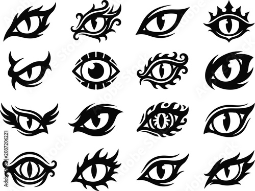 Collection of black tribal eye designs for tattoo and graphic elements