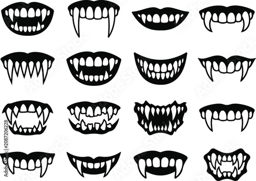 Variety of black silhouette vampire teeth and mouths vector set