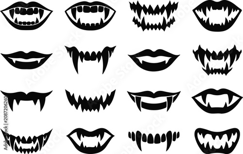 Variety of black silhouette vampire mouths and fangs collection