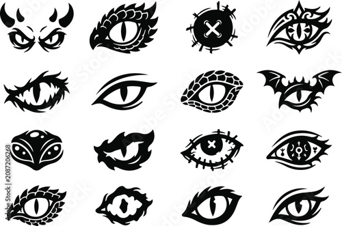 Collection of black silhouette dragon and mythical creature eyes