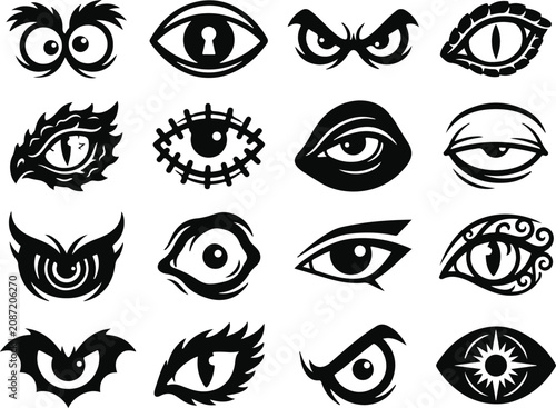 Collection of diverse black and white eye illustrations for graphic design